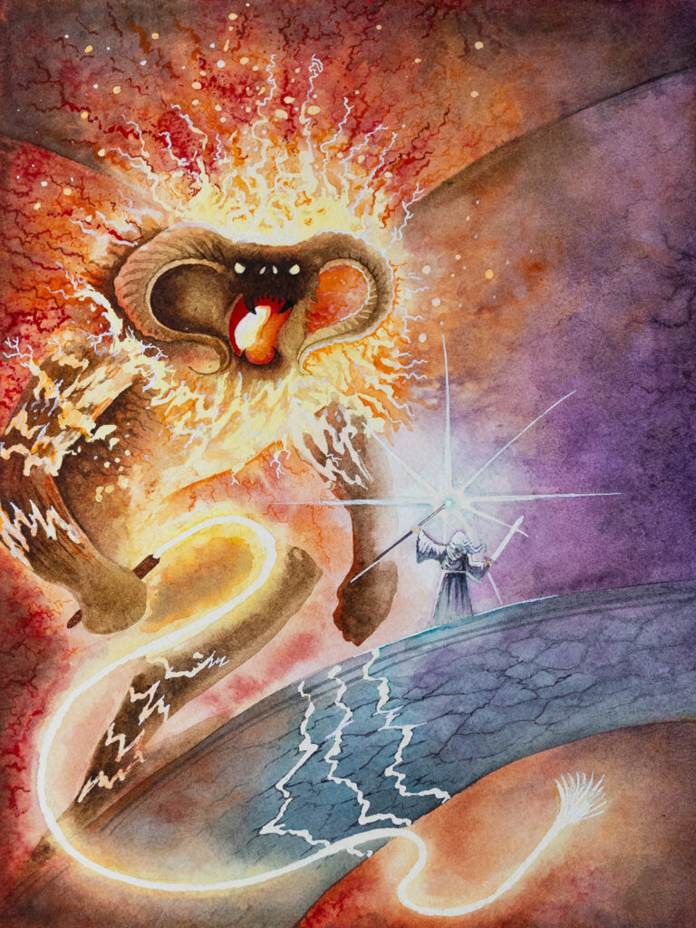 Watercolour painting depicting Gandalf the grey fighting the Balrog