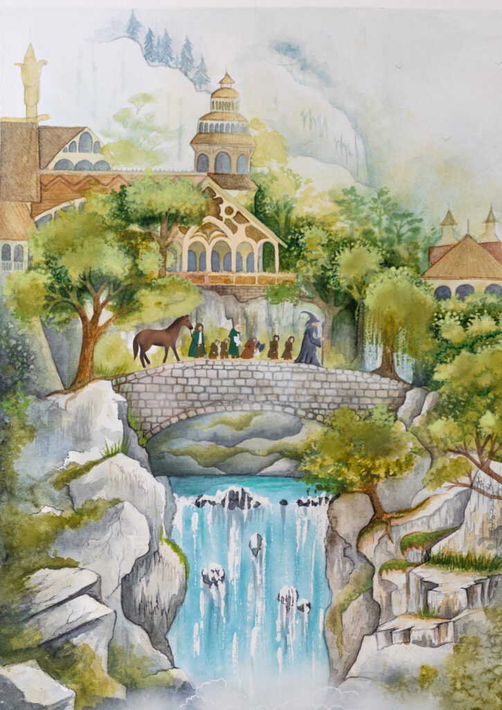 Watercolour painting of The fellowship of the ring leaving Rivendell