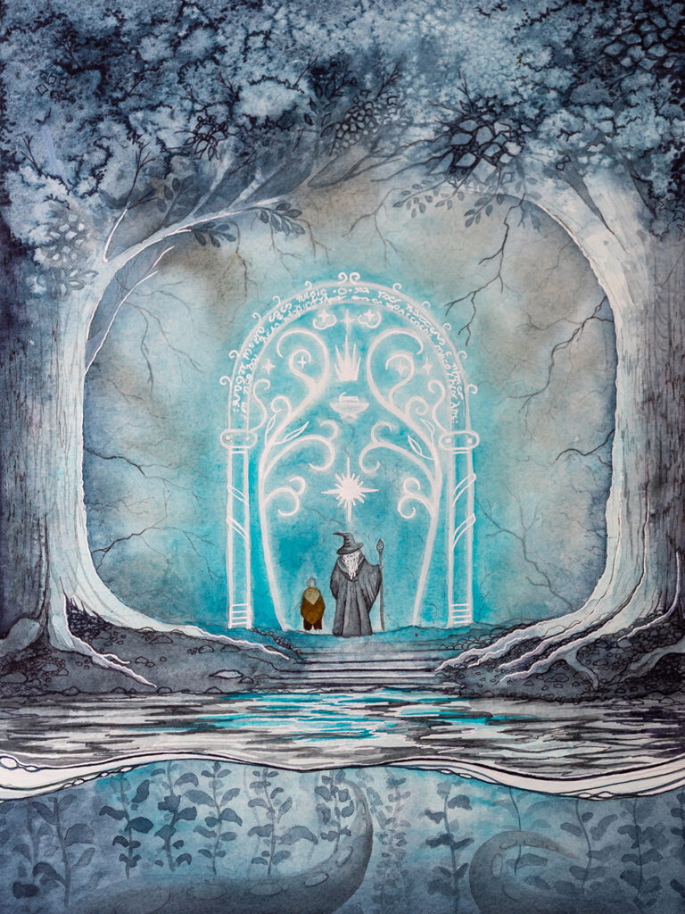 Watercolour painting of Gandalf and Frodo at the entrance to the mines of Moria. The painting is blue